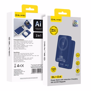 Blavec portatīvais lādētājs 10000mAh BJ-04 Slim 13,5mm - Type C - 22,5W magnētisks Magsafe 3 in 1 (PBBJ04-MC10N) tumši zils stikls