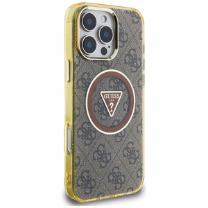 Guess IML Metal Glitter 4G Circle Triangle magnētiskais viedtālruņa apvalks iPhone 16 Pro Max - brūns