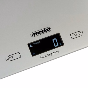 Mesko MS 3145 – elektroniskie virtuves svari, līdz 5 kg, 1 g iedaļa, LCD, sudraba