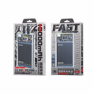 WEKOME WP-323 Vanguard Series ārējais akumulators, 10000 mAh, PD 20 W + QC 22,5 W, ar iebūvētiem USB-C un Lightning kabeļiem, melns un caurspīdīgs