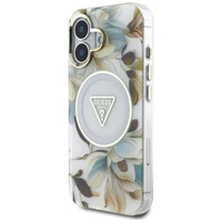 Guess Glitter Flowers Triangle Buttons Magnētiskais viedtālruņa apvalks iPhone 16 - balts