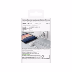 Puro PROLITE 30W USB-A / USB-C sienas lādētājs + USB-C - USB-C kabelis 1.2m - balts