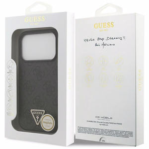Guess Leather 4G Triangle Strass MagSafe vāciņš iPhone 18 Pro / 17 Pro – melns
