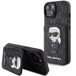 Karl Lagerfeld Saffiano Cardslots and Stand Monogram Ikonik Patch Viedtālruņa apvalks iPhone 15 - melns