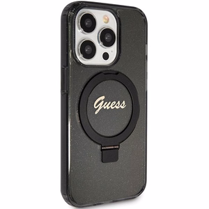 Guess viedtālruņa apvalks ar statīvu Ring Stand Script Glitter magnētiskais iPhone 15 Pro Max - melns