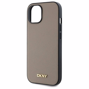 DKNY Grained Metal Logo Magnētiskais iPhone 15 viedtālruņa apvalks - bēšs