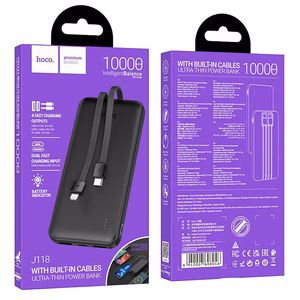 Portatīvais lādētājs Hoco 10000 mAh 2A ar iebūvētiem kabeļiem USB C + Lightning J118 melna