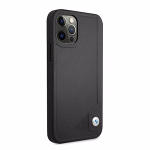 BMW ādas apvalks ar iespiešanu iPhone 12 Pro Max - melns