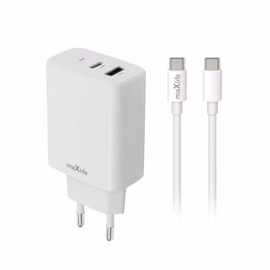 Maxlife MXTC-10-20AC PD QC charger 1x USB-C 1x USB 20W white + USB-C - USB-C cable 20W