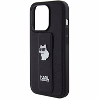 Karl Lagerfeld Gripstand Saffiano Choupette Pins viedtālruņa apvalks iPhone 14 Pro Max - melns