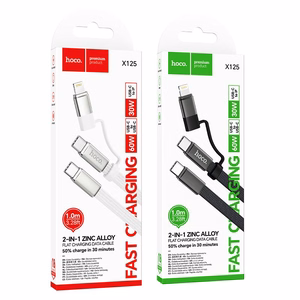 Plakans kabelis USB C uz USB C/iP 2in1 Hoco 3A 60W 1 m X125 melns