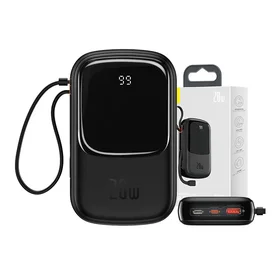 Powerbank Baseus Qpow PRO ar Lightning kabeli, USB-C portu un USB 20000mAh, 20W (melns)