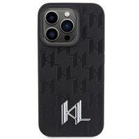 Karl Lagerfeld ādas monogramma karsts zīmogs metāla logotips viedtālruņa apvalks iPhone 15 Pro - melns