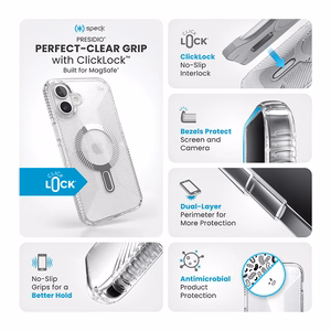 Speck Presidio Perfect-Clear Grip ClickLock & MagSafe vāciņš ierīcei iPhone 16 Plus, caurspīdīgs / hroma apdare / Serene Silver