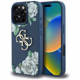 Guess Grained Roses Big 4G logo viedtālruņa apvalks iPhone 16 Pro - zils