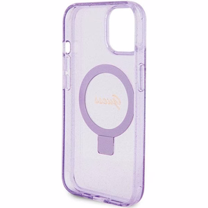 Guess viedtālruņa apvalks ar statīvu Ring Stand Script Glitter magnētiskais iPhone 15 Plus / 14 Plus - violets