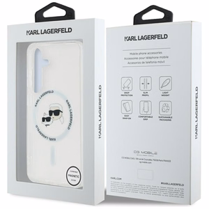 Viedtālruņa apvalks Karl Lagerfeld Button Karl & Choupette Heads Izdrukāts logotips MagSafe Samsung Galaxy S25 - balts