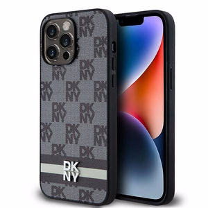 DKNY Ādas rūtainais mono raksts un drukātās svītras viedtālruņa apvalks iPhone 14 Pro Max - melns