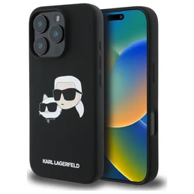 Karl Lagerfeld silikona magnētiskais viedtālruņa apvalks iPhone 16 Pro ar galvu attēliem - melns