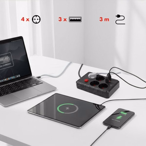 Maclean MCE393 B pagarinātājs ar 4 kontaktligzdām un 3 USB pieslēgvietām, 110–240 V AC, 50/60 Hz, 2,1 A, maks. 2500 W, 3 m, melns