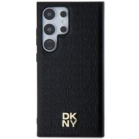 DKNY Ādas raksta metāla logotips Magnētiskais viedtālruņa apvalks Samsung Galaxy S24 Ultra - melns