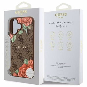 Guess GUHMP16SP4ROPEMCW iPhone 16 6.1" brūns/brūns cietais apvalks 4G Ziedu Druka Magnētiskais