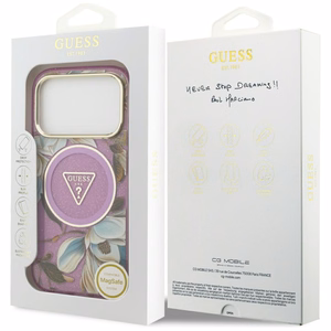 Guess IML Glitter Flowers Triangle MagSafe maciņš modelim iPhone 17 Pro / 18 Pro – violets