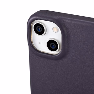 iCarer CE Premium ādas folio viedtālruņa apvalks iPhone 14 Plus magnētiskais atveramais ādas folio apvalks MagSafe tumši violeta