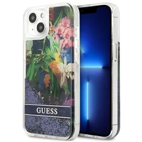 Guess GUHCP13SLFLSB iPhone 13 mini 5.4" zils cietais apvalks ziedu šķidrs spīdums