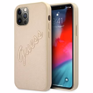 Guess GUHCP12LRSAVSLG iPhone 12 Pro Max 6.7 kietais apvalks viedtālrunim Saffiano Vintage Script zelta krāsas