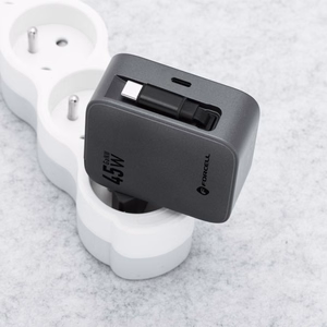 FORCELL F-ENERGY GaN III VT-R5 ceļojumu lādētājs ar izvelkamu kabeli Type C un Type C uzlādes portu PD QC4.0 3A 45W pelēks