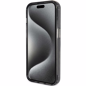 Guess viedtālruņa apvalks ar statīvu Ring Stand Script Glitter magnētiskais iPhone 15 Pro - melns