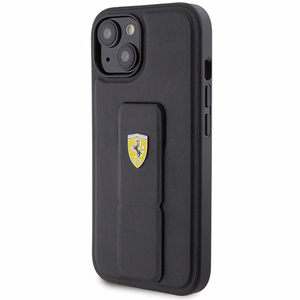 Ferrari Grip Stand Metal Logo apvalks iPhone 15 – melns
