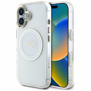Guess IML Metal Colored Circle Classic Logo Magnētiskais viedtālruņa apvalks iPhone 16 - balts
