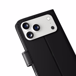 Puro viedtālruņa apvalks ar statīvu iPhone 17 Pro Max izgatavots no eko-ādas, ar atloku, maku un statīva funkciju - melns