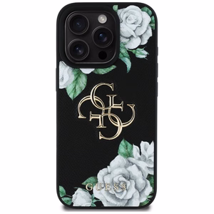 Guess Grained Roses Big 4G logo viedtālruņa apvalks iPhone 16 Pro Max - melns