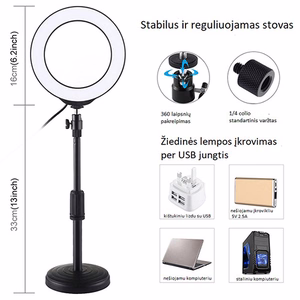 LED gredzena lampa 16cm ar galda stiprinājumu 18-28cm, USB