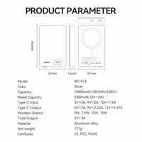 BWOO ultra-slim aluminium magnetic portatīvais lādētājs P76 PD 20W 10000 mAh with digital display and USB-C port melns