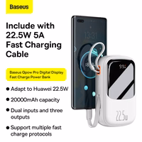 Baseus Qpow ar digitālo indikatoru portatīvais lādētājs ar ātru uzlādi 20000mAh 22.5W QC/PD/SCP/FCP ar iebūvētu USB-C kabeli balta