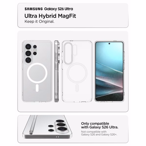 Spigen Ultra Hybrid Mag MagSafe maciņš priekš Samsung Galaxy S26 Ultra caurspīdīgs un balts