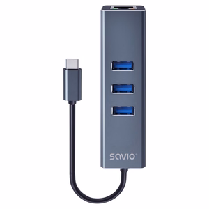 Savio AK-57 USB-C – 3x USB-A centrmezgls ar RJ-45 gigabitu Ethernet adapteri, 5000 Mbit/s, pelēks