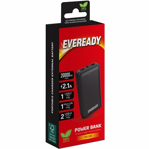 Eveready PX20B ārējais akumulators, 20000 mAh, 2 × USB-A, melns