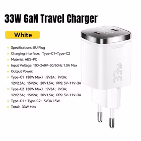 Lādētājs Essager "Display" balts 33W (2xPD) ar LED displeju