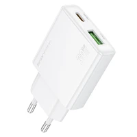 Borofone Lādētājs BN25 Wish (Ultra Thin) - USB + Type-C - PD QC 3.0 30W balts