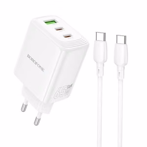 Borofone sienas lādētājs BN32 Cargador GaN - USB + 2xType C - QC 3.0 PD 65W ar Type C uz Type C balts