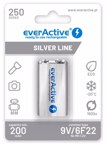 Rechargeable batteries everActive Ni-MH 6F22 9V 250 mAh sudraba Line