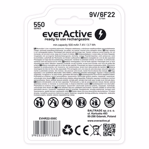 everActive 6F22/9V Li-ion 550 mAh uzlādējama baterija ar USB Type-C