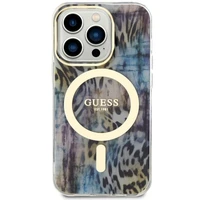 Guess GUHMP14XHLEOPWB iPhone 14 Pro Max 6.7" zils cietais apvalks Leopard Magnētiskais