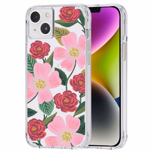 Rifle Paper Clear vāciņš ierīcei iPhone 14 Plus, ar zelta krāsas rotājumu, ar “Rose Garden” rakstu