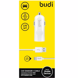 Budi BD062T automašīnas lādētājs ar 1 USB-A pieslēgvietu, ar LED indikatoru, ar USB-C kabeli